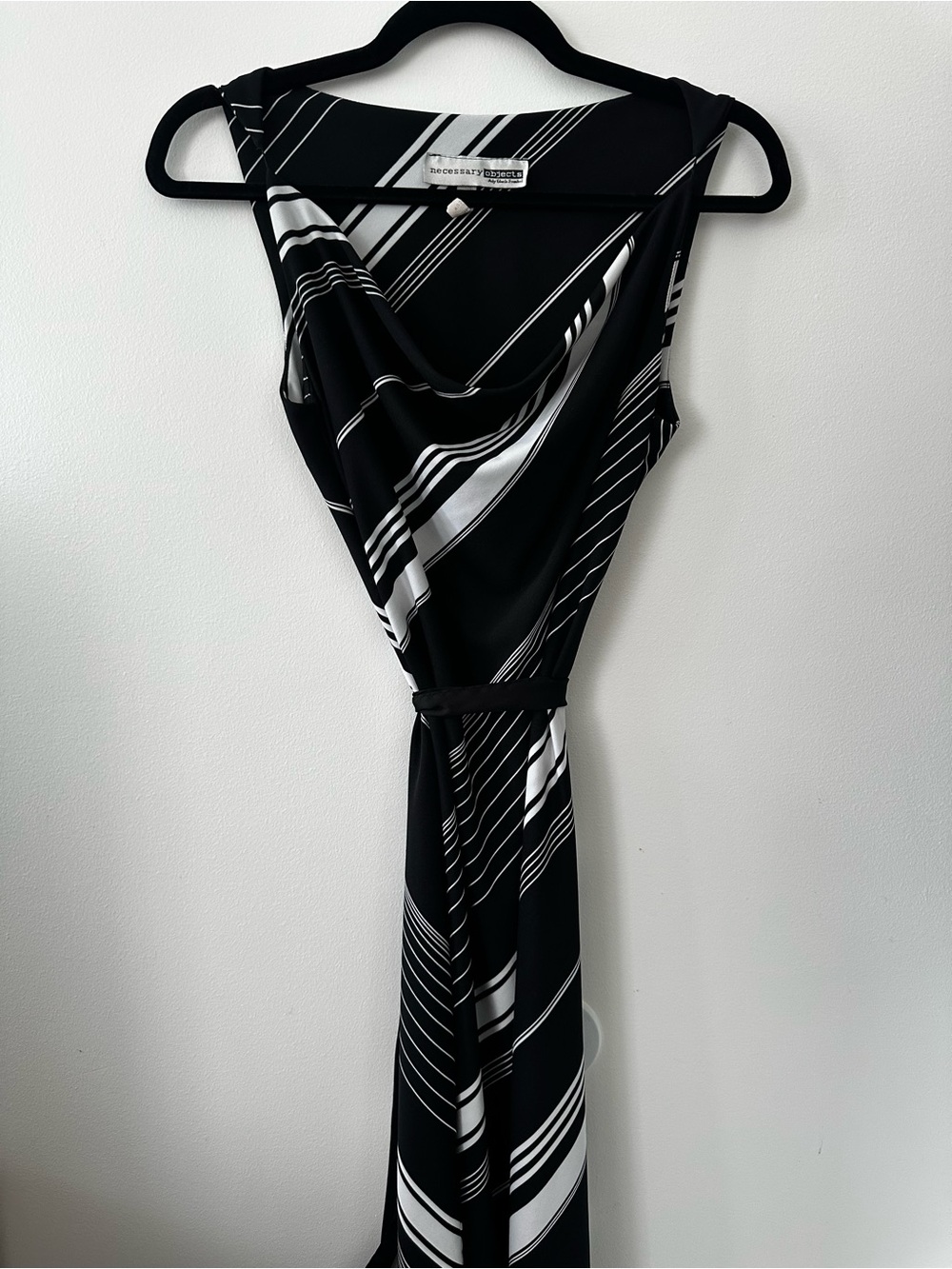 Necessary Objects Black and White Striped Dress with Cowl Neck